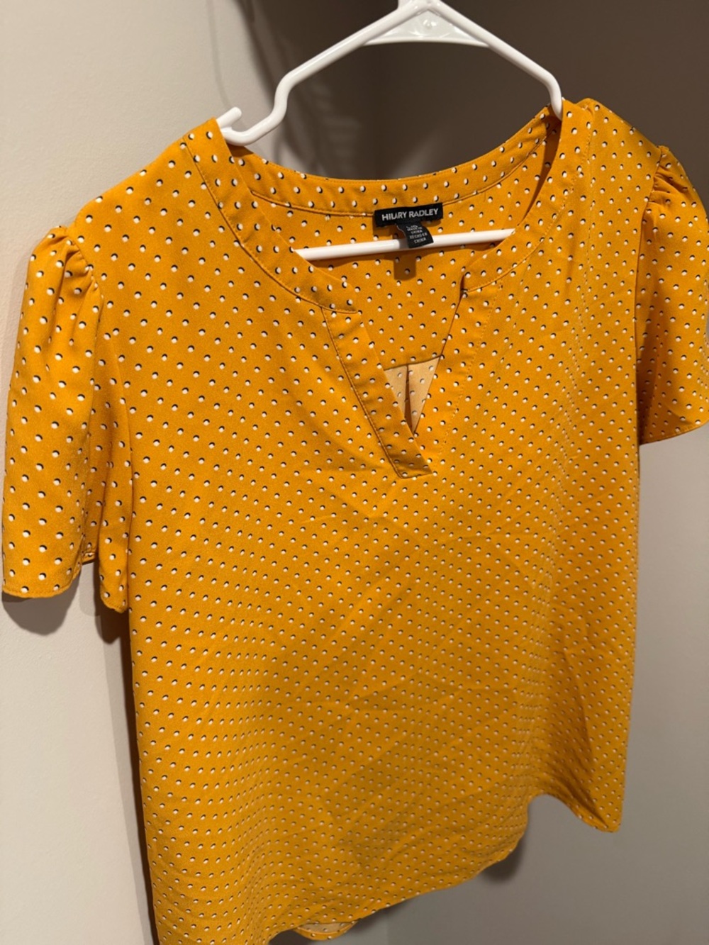 Hilary Radley Yellow Dot V-Notch Short Sleeve Top